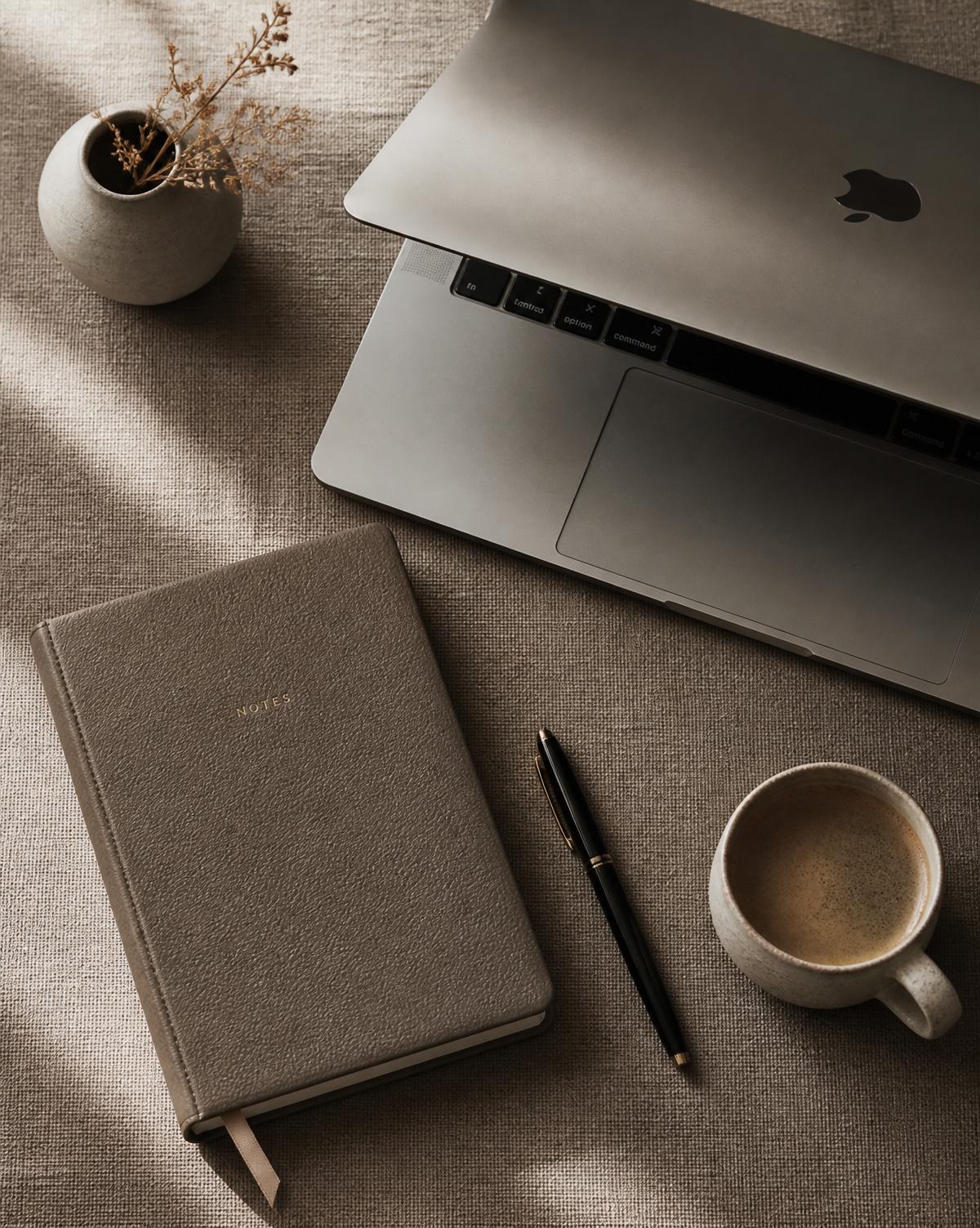 Minimalistisch bureau met notitieboek, laptop en koffie